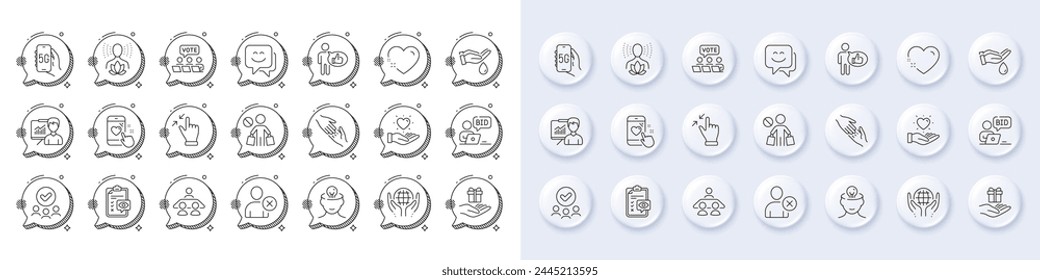 Stop shopping, Presentation and Hold heart line icons. White pin 3d buttons, chat bubbles icons. Pack of Approved group, Organic tested, Smile face icon. Vector