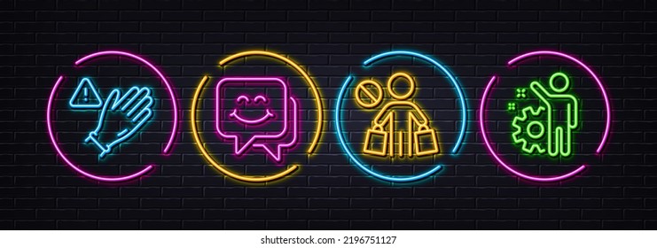 Stop shopping, Use gloves and Smile face minimal line icons. Neon laser 3d lights. Employee icons. For web, application, printing. No buying, Gloves alert, Chat. Cogwheel. Neon lights buttons. Vector