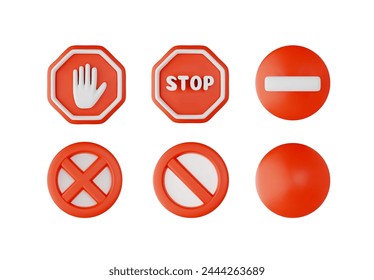 Stop sign 3D realistic vector illustrations set. Traffic regulatory warning red symbol with stop, hand, brick, crossed circle. Caution signal for transport, forbidden and restriction road signs