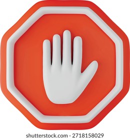 Señal de parada Ilustración vectorial realista 3D. Símbolo rojo de advertencia con la palma de la mano. No se permite, no hay entrada o no ingresar icono. Signo de precaución. Prohibición y restricción de señales de tráfico