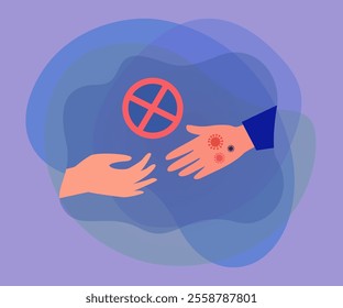 Stop sign above hands of healthy person and person with virus. Prevention of spreading of disease Isolation flat vector illustration. Coronavirus, protection, pandemic, health concept for banner