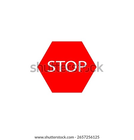 Stop sign alert. Red hexagon shape. White text detail. Vector traffic symbol.