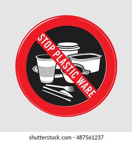 stop sign, ban plastic dishes, fork, knife, plate, cup of coffee and stick, interfere with sugar, vector illustration isolated on background