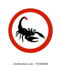 Stop sign Black Scorpion. Scorpio with red bloody sting. Vector illustration for your design