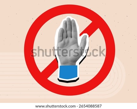 Stop sign with a black and white hand. Modern collage style. Vector illustration