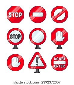 Stop sign, block, prohibited. Road traffic regulatory warning. Vector drawing. Collection of design elements.