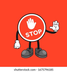 Stop Sign Cartoon Character With A Stop Hand Gesture