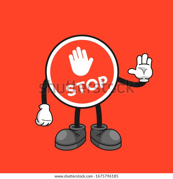 Stop sign\
cartoon character with a stop hand\
gesture