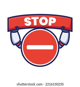 Stop sign character with hands holding the 'stop' poster