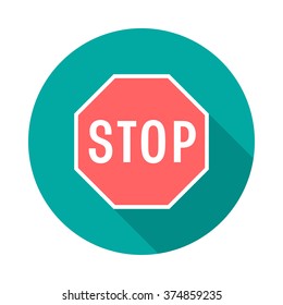 Stop sign circle icon with long shadow. Flat design style. Stop sign drive simple silhouette. Modern, minimalist, round icon in stylish colors. Web site page and mobile app design vector element.