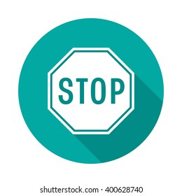 Stop sign circle icon with long shadow. Flat design style. Stop sign drive simple silhouette. Modern, minimalist, round icon in stylish colors. Web site page and mobile app design vector element.