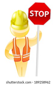 Stop Sign Construction Man With Hard Hat And Hi Vis Jacket