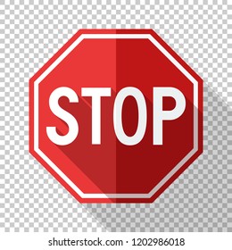 Stop sign in flat style with long shadow on transparent background