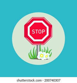 stop sign with grass and flowers flat design
