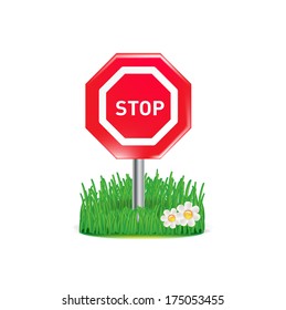 stop sign and grass isolated on white background