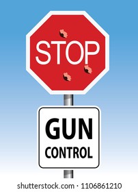 stop sign, gun control concept, bullet holes 