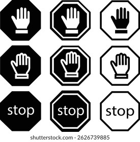 Stop sign with hand black flat and outline icons set. No entry and trespassing symbol. Attention, warning, danger and safety concept. Road sign vectors illustration isolated on transparent background.