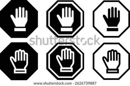 Stop sign with hand black flat and outline icons set. No entry and trespassing symbol. Attention, warning, danger and safety concept. Road sign vectors illustration isolated on transparent background.