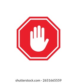 Stop sign hand gesture red octagon symbol or transparent background, caution, warning, traffic safety, halt signal, bold graphic design vector illustration