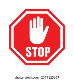 Stop sign with hand icon in flat style. Traffic control vector illustration on isolated background. Attention sign business concept.