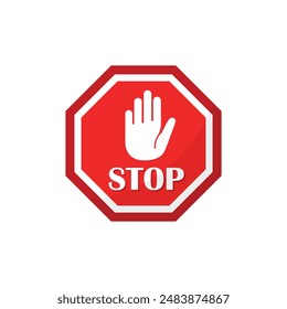 Stop sign with hand icon in flat style. Traffic control vector illustration on isolated background. Attention sign business concept.