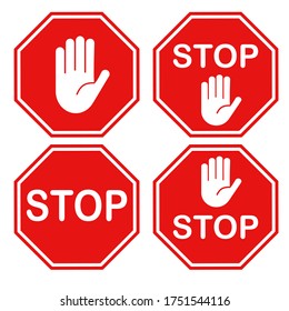 Stop sign with hand icon set vector illustration. Traffic symbol flat line image.