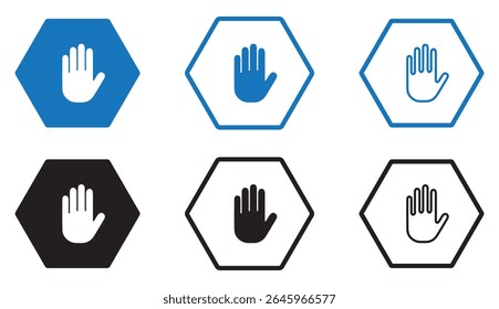 stop sign with hand icon set. solid and line icon. eps file.