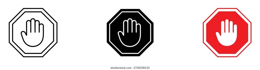 Stoppschild mit Handsymbolvektor. Warnzeichen und Verbotszeichen. Vektorgrafik.