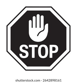 STOP Sign with Hand Symbol Vector – Black Octagon Safety Warning Icon