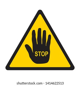 stop sign hand in a yellow and black triangle, written stop, sign for danger or general alarm, vector 