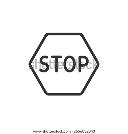 Stop sign in hexagon, linear icon. Traffic regulation, warning, or restriction. Line with editable stroke.