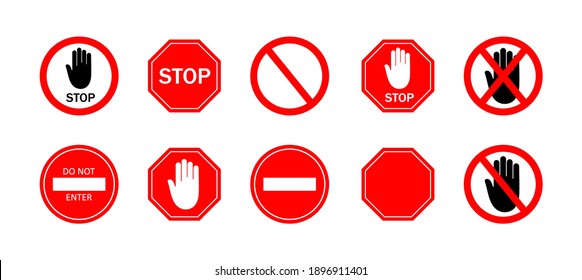 Stop sign. Icon of ban of traffic cars on road. Red stop sign with hand. Symbol of restricted traffic on street, near school, area. Warning of danger. Logo of caution, attention, safety. Vector.