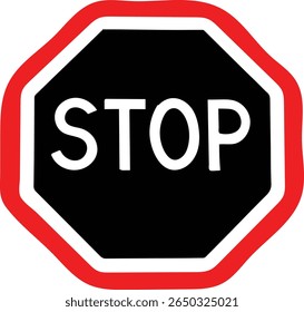 Stop Sign Icon, bold octagonal design, black background, white STOP text, traffic warning sign vector, road safety illustration