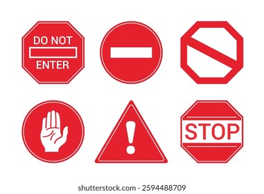 Stop sign icon clipart set. Traffic road warning signages in red board like do not enter, out of order, danger, caution and stop sign clip art collection vector illustration.