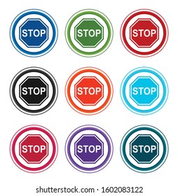 Stop sign icon flat round buttons set illustration design isolated on white background