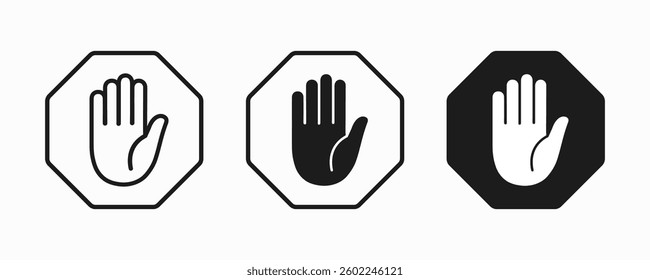 Stop sign icon with hand, do not enter. Stop hand, hand gesture. Warning stop sign