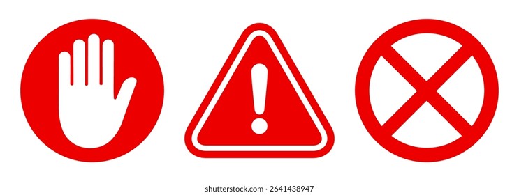 Stop sign icon with hand, exclamation marc and cross