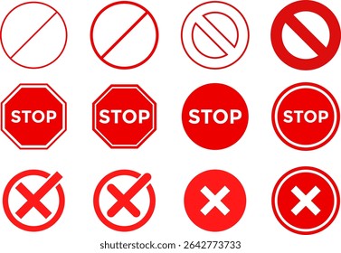 Stop sign icon set. ban icons. Red Crossed Circle. No icon signs