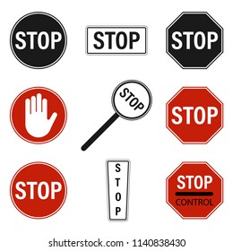 Stop sign icon set, black and red stop sign. Vector.