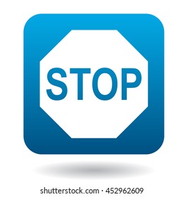 Stop sign icon in simple style in blue square. Rules of the road symbol