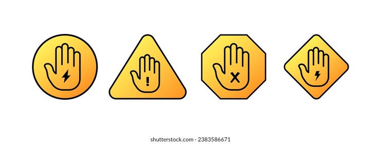 Unterlassen Sie die Symbole. Flat, gelb, Stoppschilder, Palme mit Blitz, Ausrufezeichen, Kreuz. Vektorsymbole