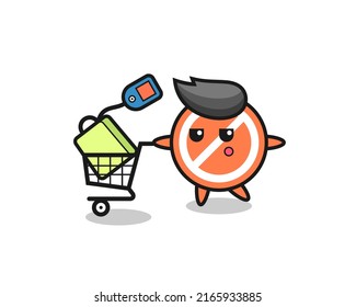 stop sign illustration cartoon with a shopping cart , cute style design for t shirt, sticker, logo element