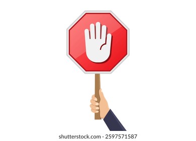 Stop sign illustration flat, hand hold stop sign, flat design vector illustration