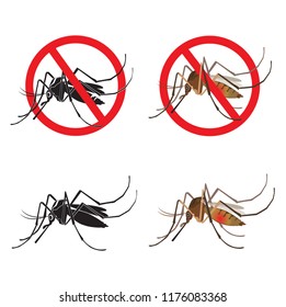 Stop sign image of mosquito in a red crossed out circle vector illustration. Set Mosquito Vector.Black silhouette mosquito isolated  icon vector. Stop sign vector.