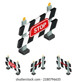 Dejar de firmar isometría. Ilustración de la aparición de una barrera con un signo de parada. Tráfico prohibido, reparación de carreteras, accidente, zona insegura. Ilustración en estilo de caricatura, aislamiento, isometría.