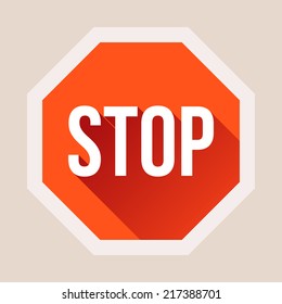 Stop sign with long shadow in flat style. Vector illustration