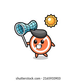 stop sign mascot illustration is catching butterfly , cute style design for t shirt, sticker, logo element