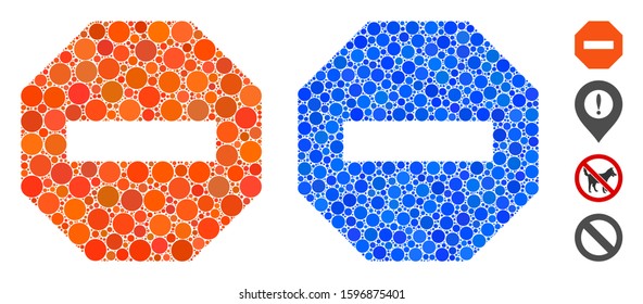 Stop sign mosaic of small circles in different sizes and color tints, based on stop sign icon. Vector random circles are composed into blue mosaic. Dotted stop sign icon in usual and blue versions.