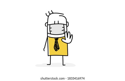 Stop sign, no entry concept. Stick man in protection mask shows palm as stop sign gesture.