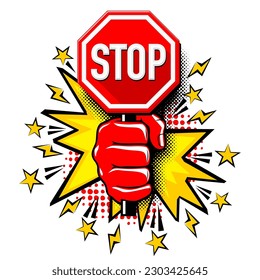 Stop sign. No travel road sign holding a red fist in comic style. Vector on transparent background